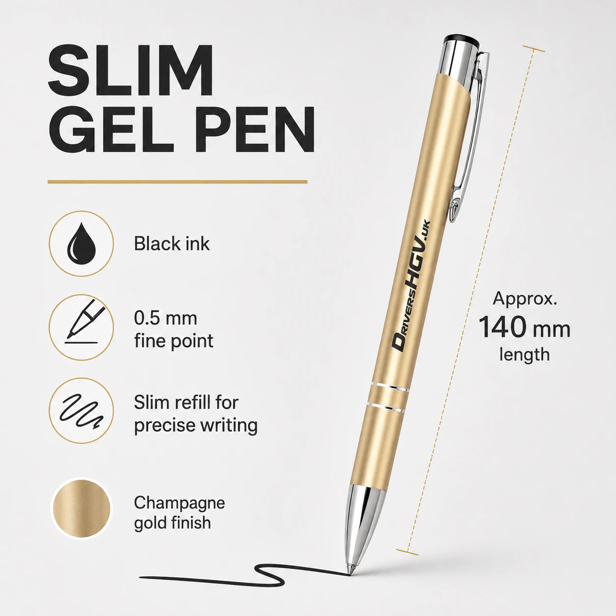DriversHGV.uk slim metal pen with black ink and premium gold finish